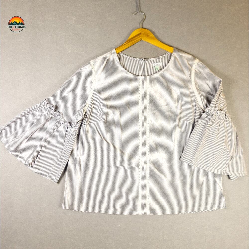 Susina Blouse Top Blue White Boho Striped Round Neck Bell Sleeve Women's Size 1X